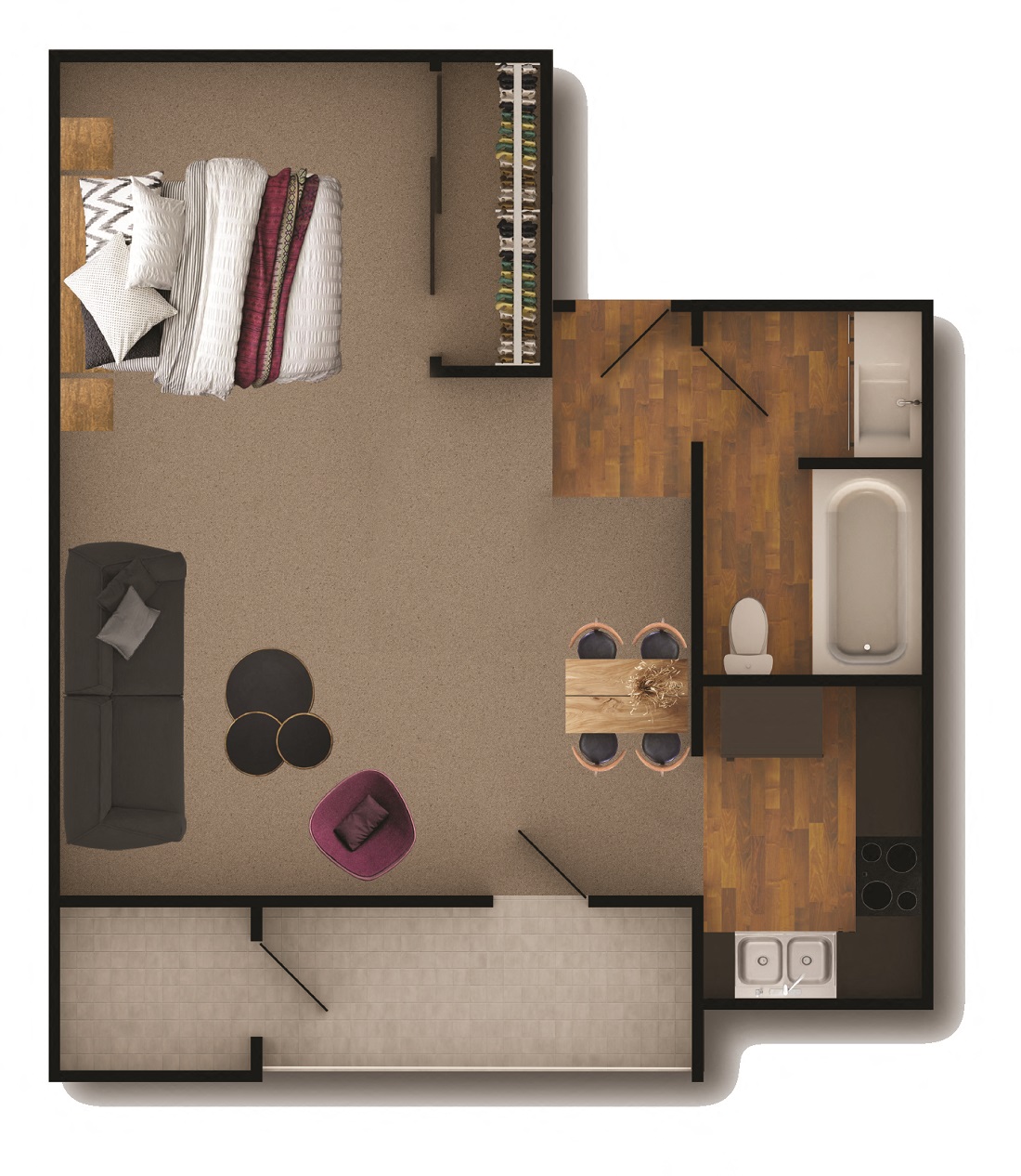 Floor plan for studio, 1 bath, 500 sqft